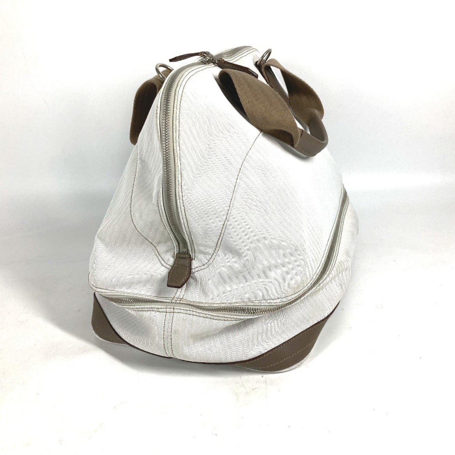 Hermes Beige Etoupe Gray White Toile Chevron Leather Boston Bag Handbag ( )
