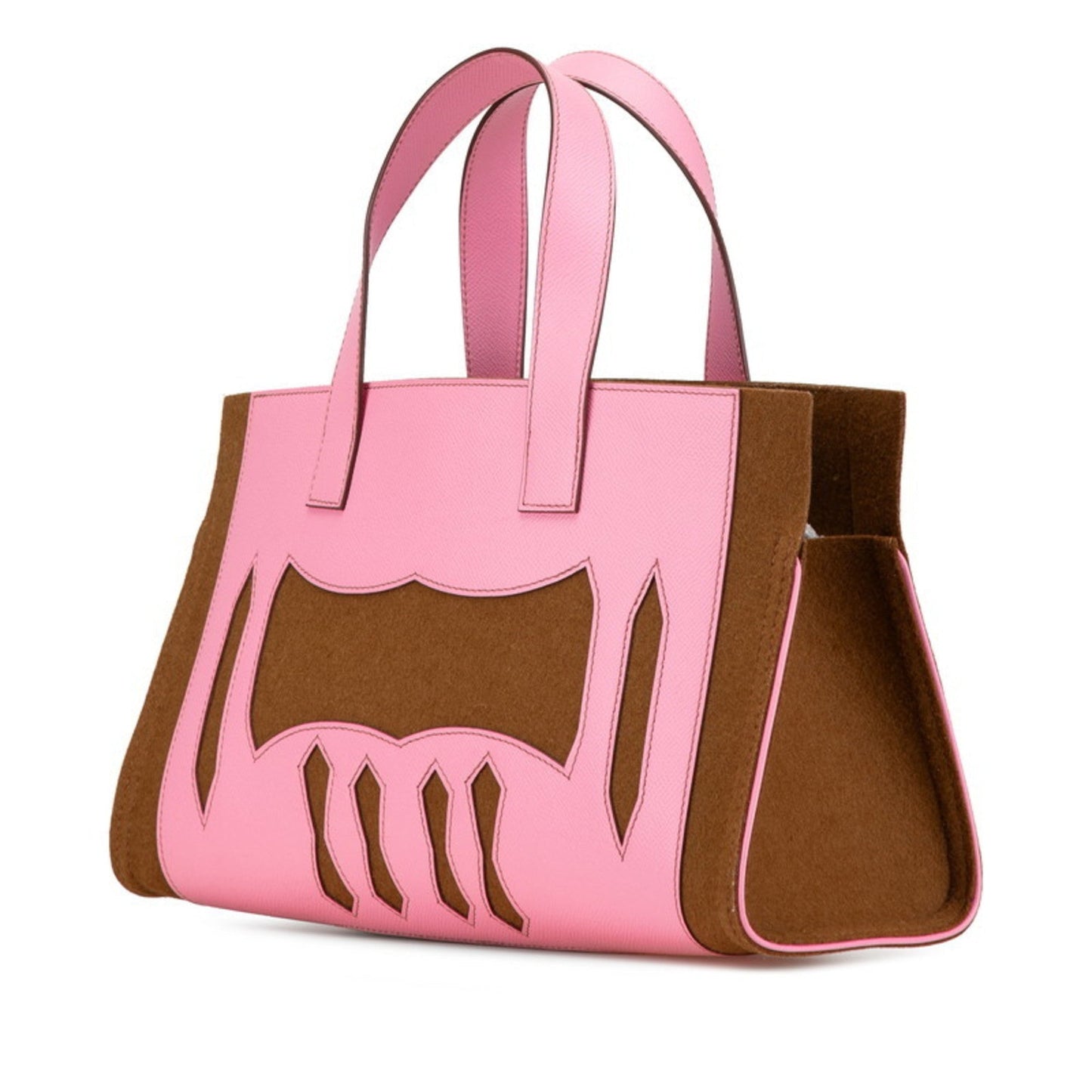 Hermes Brown Pink Felt Epsom Leather Handbag Tote Bag ( )