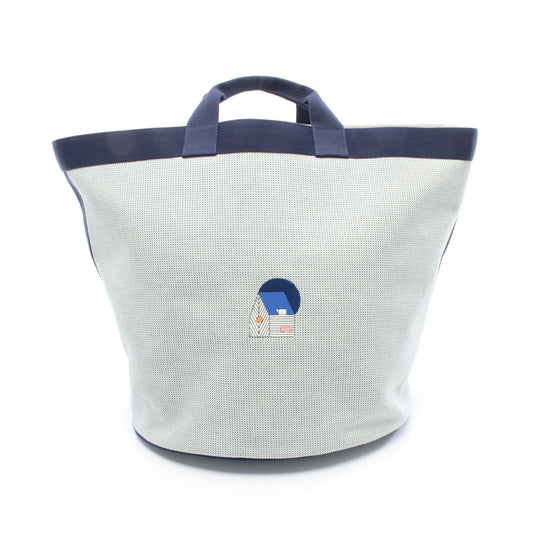 Hermes Beige Green Navy Canvas Toile H Basket Tote Bag ( )