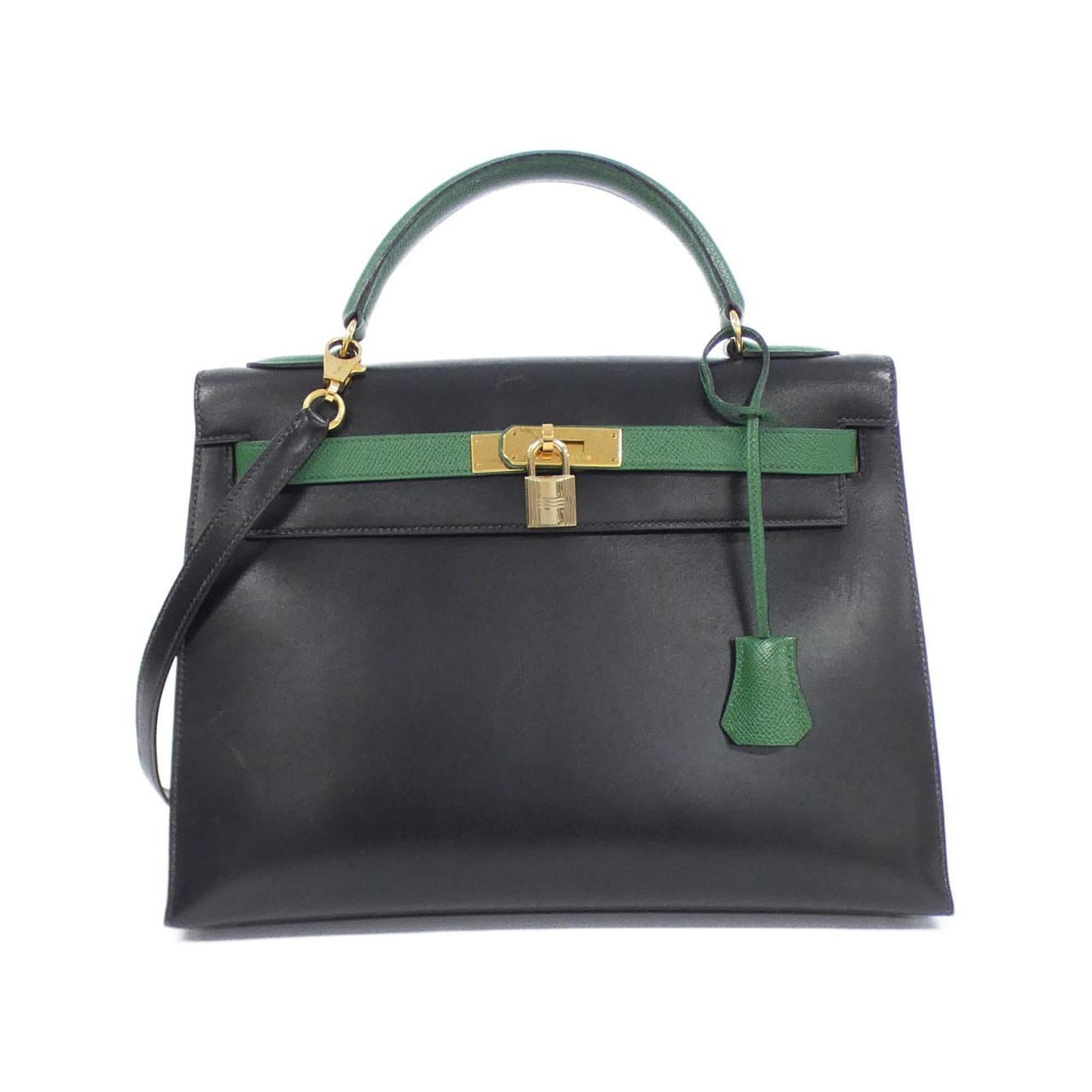 Hermes Black Green Box Calf Leather Courchevel Leather Handbag ( )