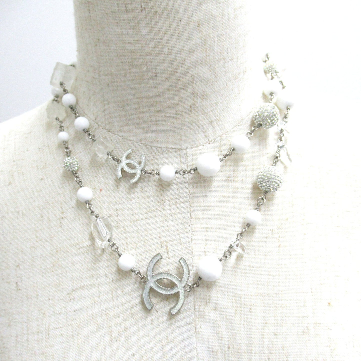 CHANEL B10A Long Necklace Necklace White Silver Plastic plating White Silver