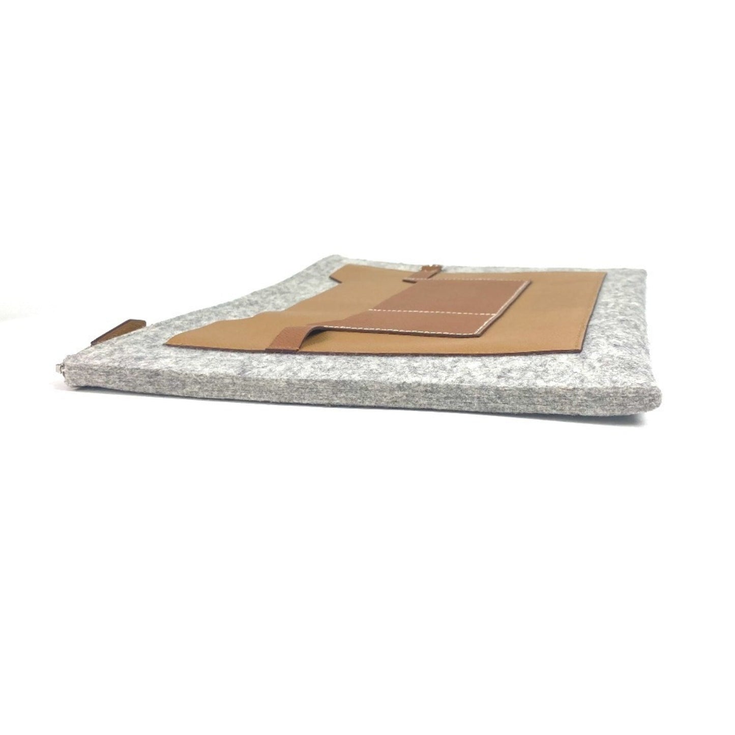 Hermes Brown Gray Felt Leather Clutch Bag ( )