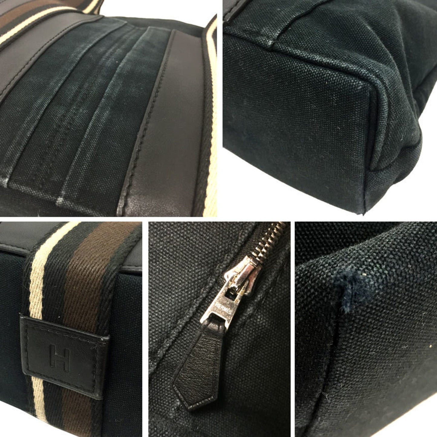 Hermes Black Canvas Leather Tote Bag ( )