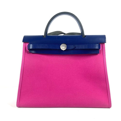 Hermes Blue Pink Toile Officier Vache Leather Handbag Shoulder Bag ( )