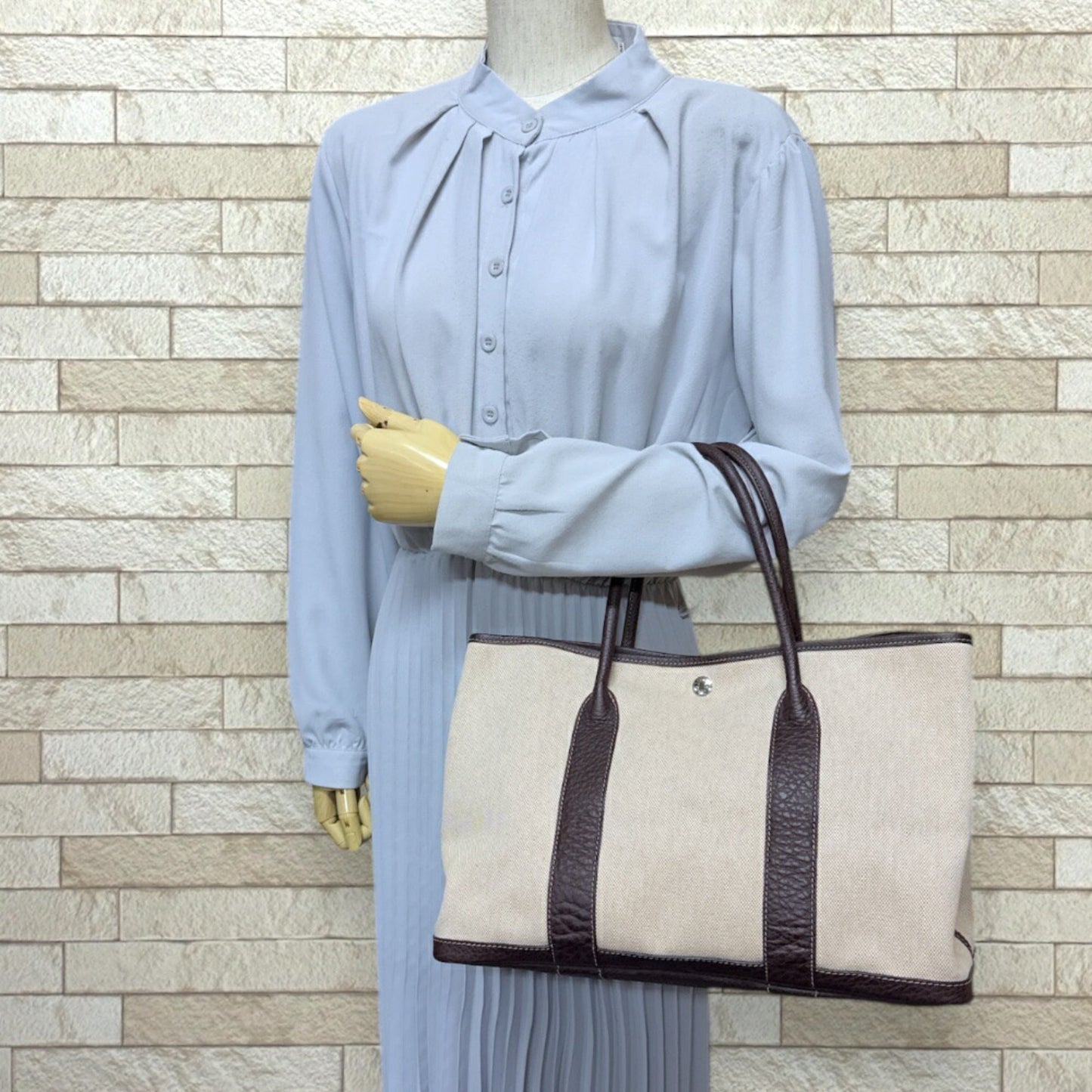 Hermes Beige Brown Toile H Leather Handbag ( )