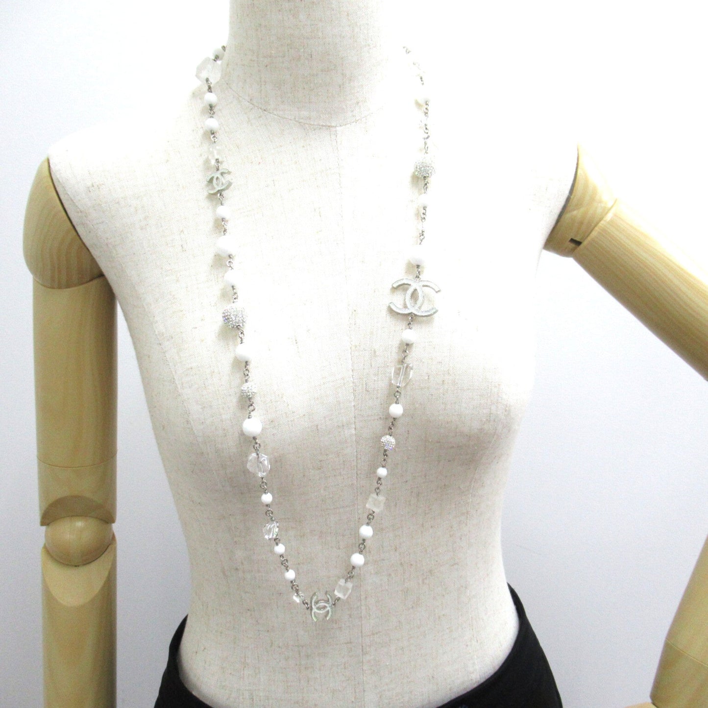 CHANEL B10A Long Necklace Necklace White Silver Plastic plating White Silver