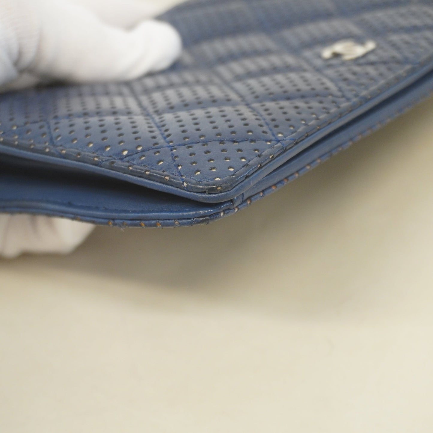 Chanel bi-fold long wallet matelasse lambskin navy silver metal
