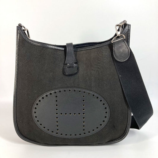 Hermes Black Leather Canvas Pochette Shoulder Bag ( )