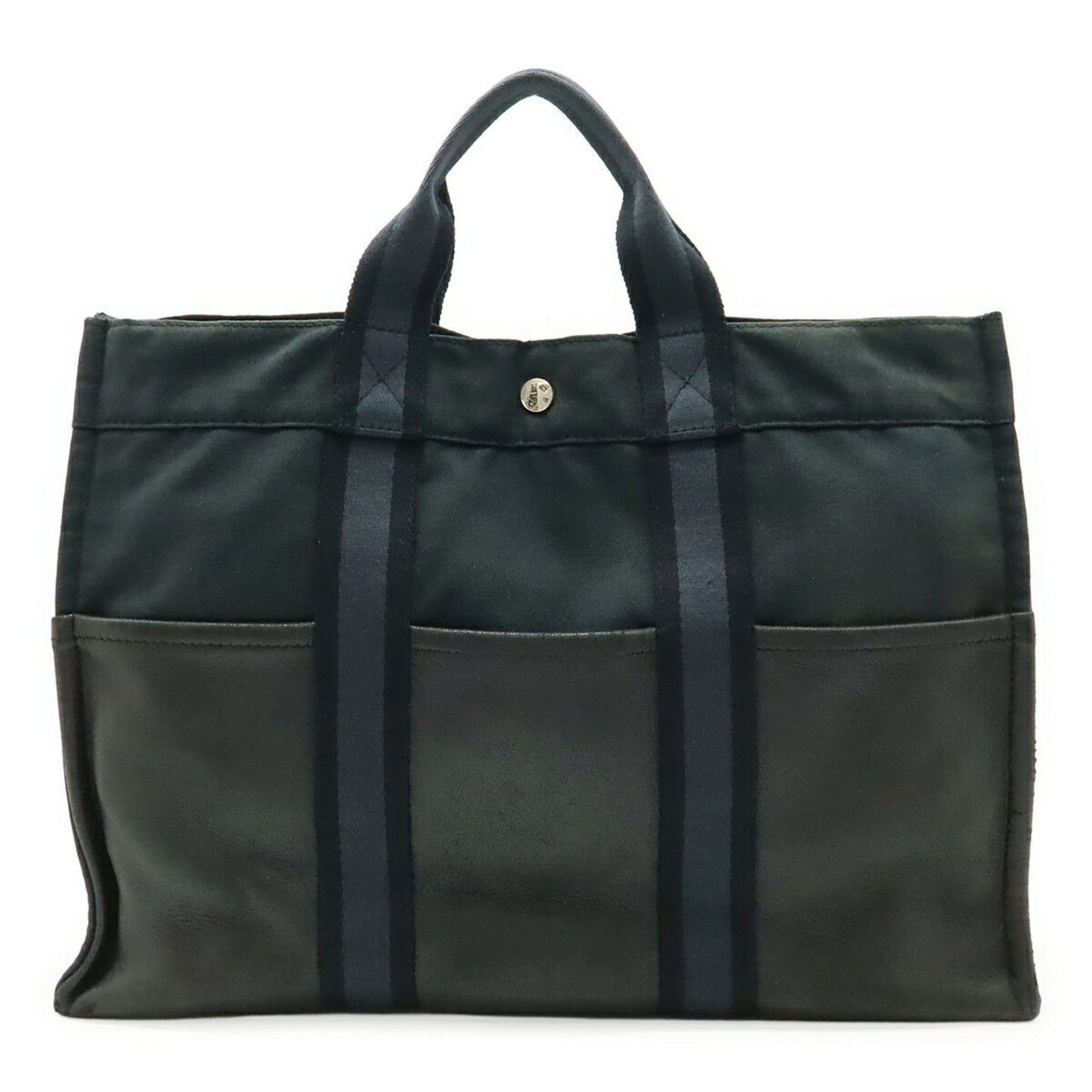 Hermes Black Canvas Leather Handbag Tote Bag ( )