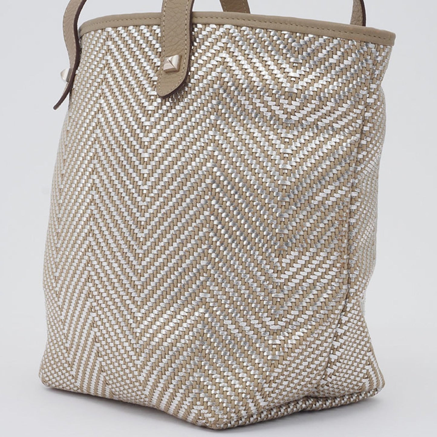 Hermes Beige Silver Polyester Leather Handbag Tote Bag ( )