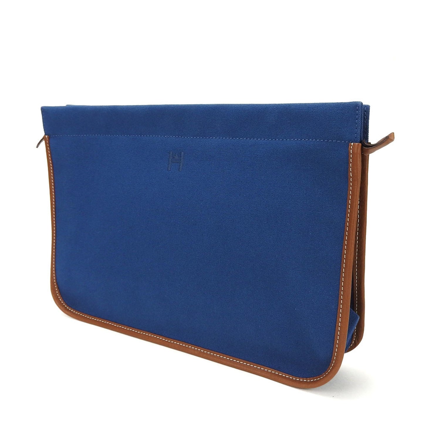 Hermes Brown Navy Canvas Leather Clutch Bag ( )