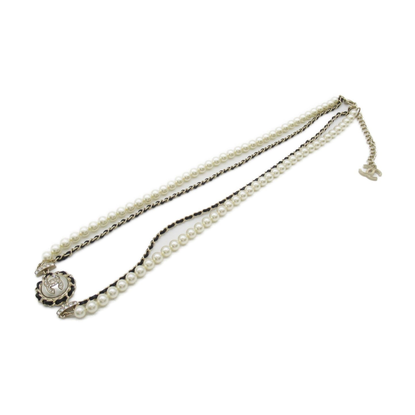 CHANEL Belt with pearls B21K Gold Black leather metal AB7084