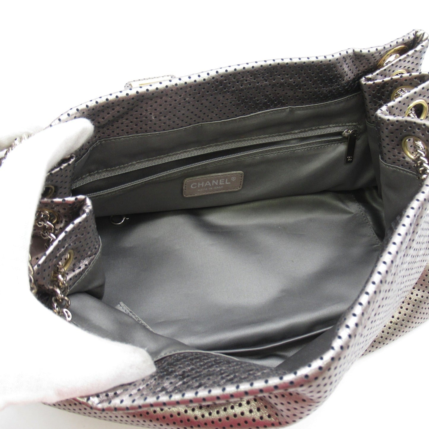CHANEL 2.55 ChainShoulder Bag Silver metallic leather