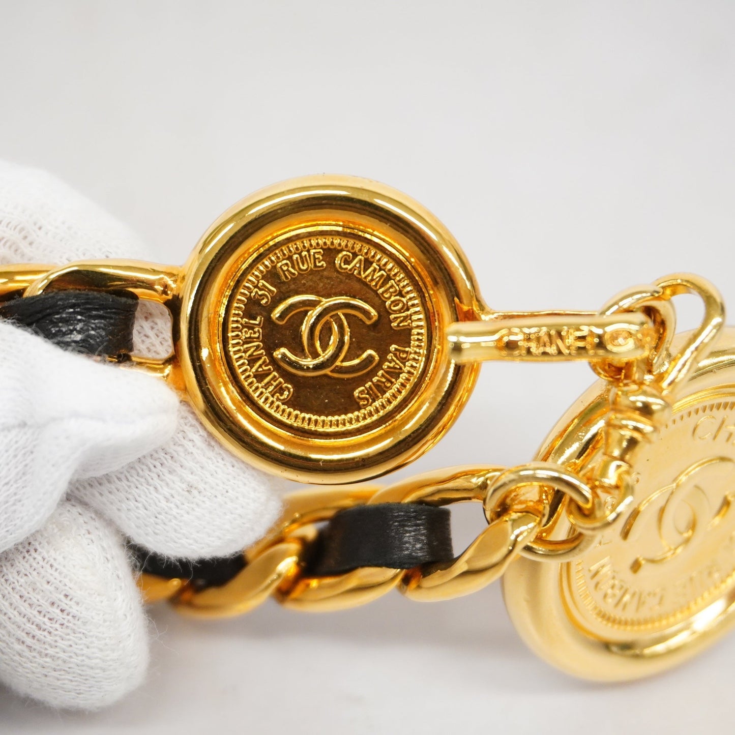 CHANEL  Belt Gold Metal Women's Leather Chain Belt Black