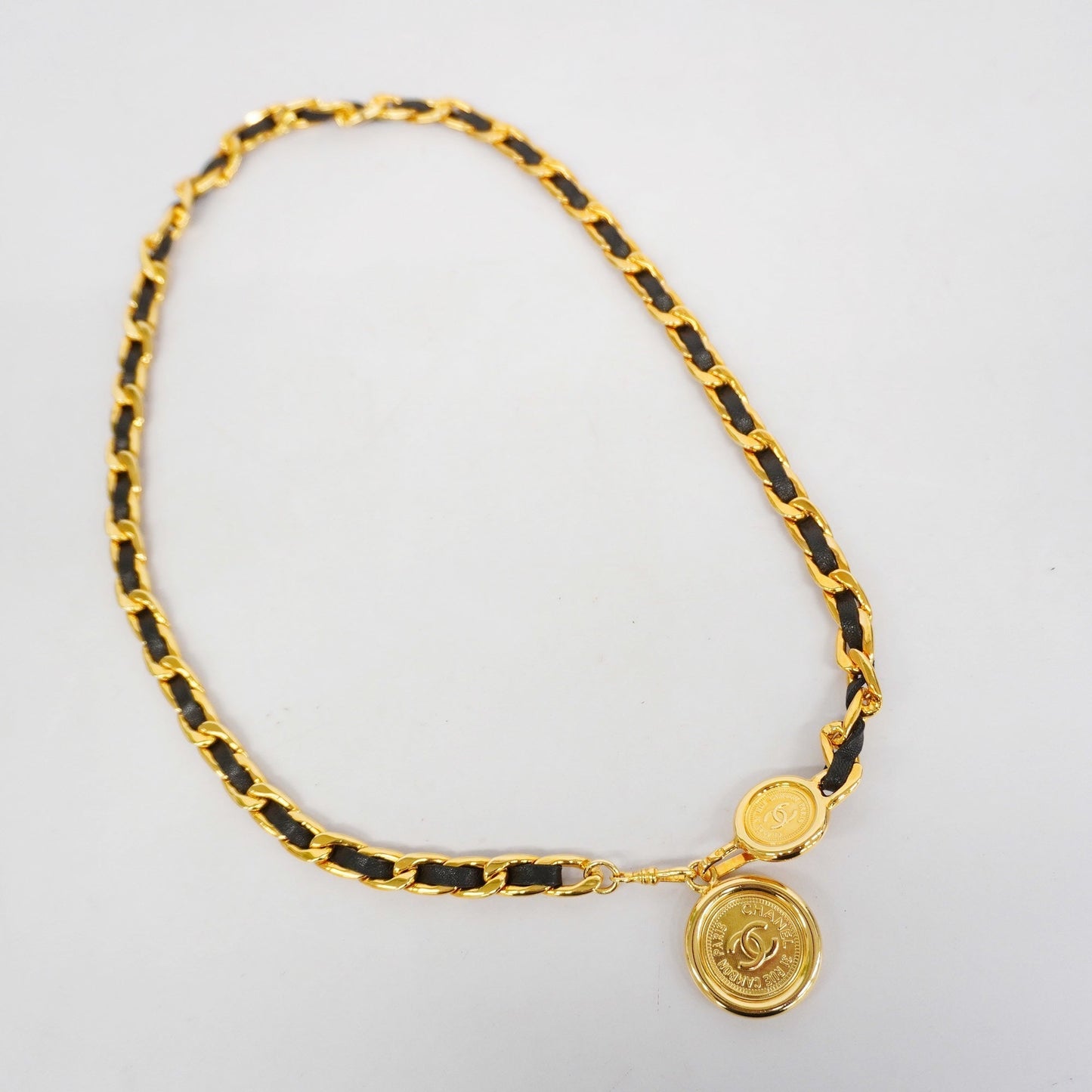 CHANEL  Belt Gold Metal Women's Leather Chain Belt Black