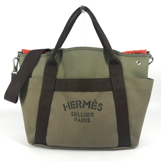 Hermes Brown Khaki Canvas Leather Shoulder Bag Tote Bag ( )