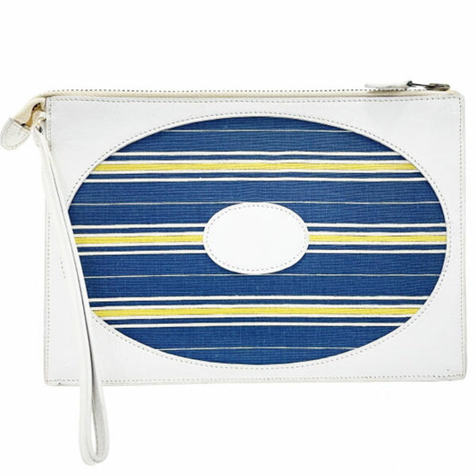 Hermes Blue Off-White Yellow Leather Fabric Clutch Bag Handbag ( )