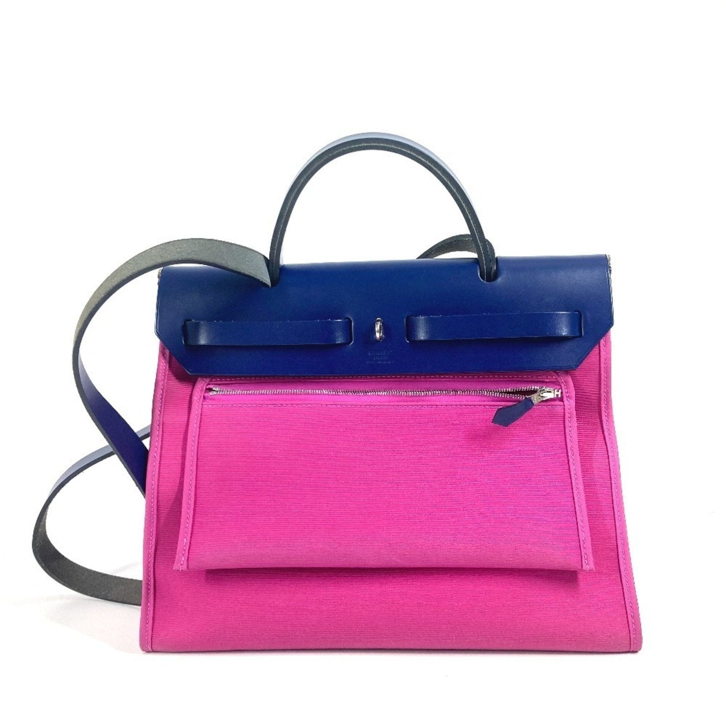 Hermes Blue Pink Toile Officier Vache Leather Handbag Shoulder Bag ( )