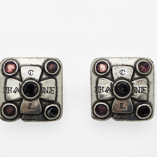 CHANEL 99A   Cambon Square Color Stone Earrings Antique Silver Pink