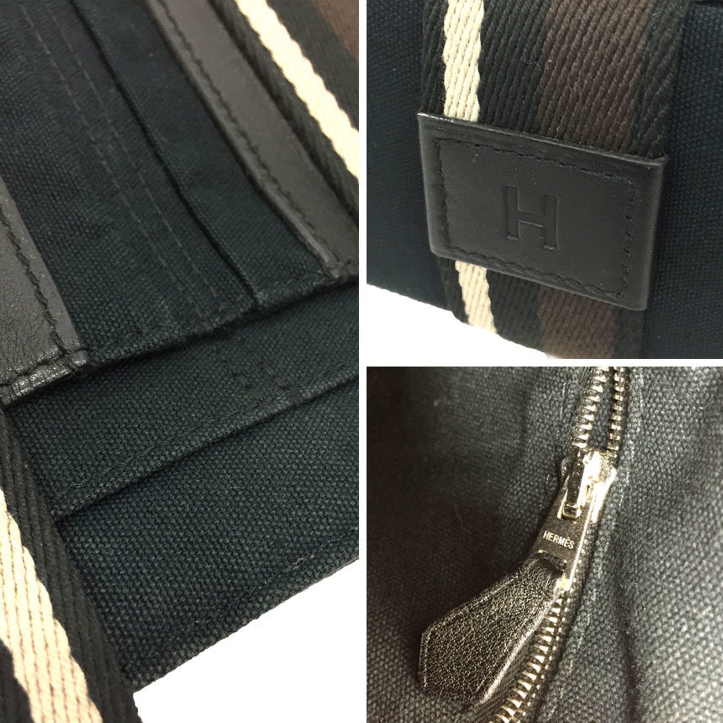 Hermes Black Canvas Leather Tote Bag ( )