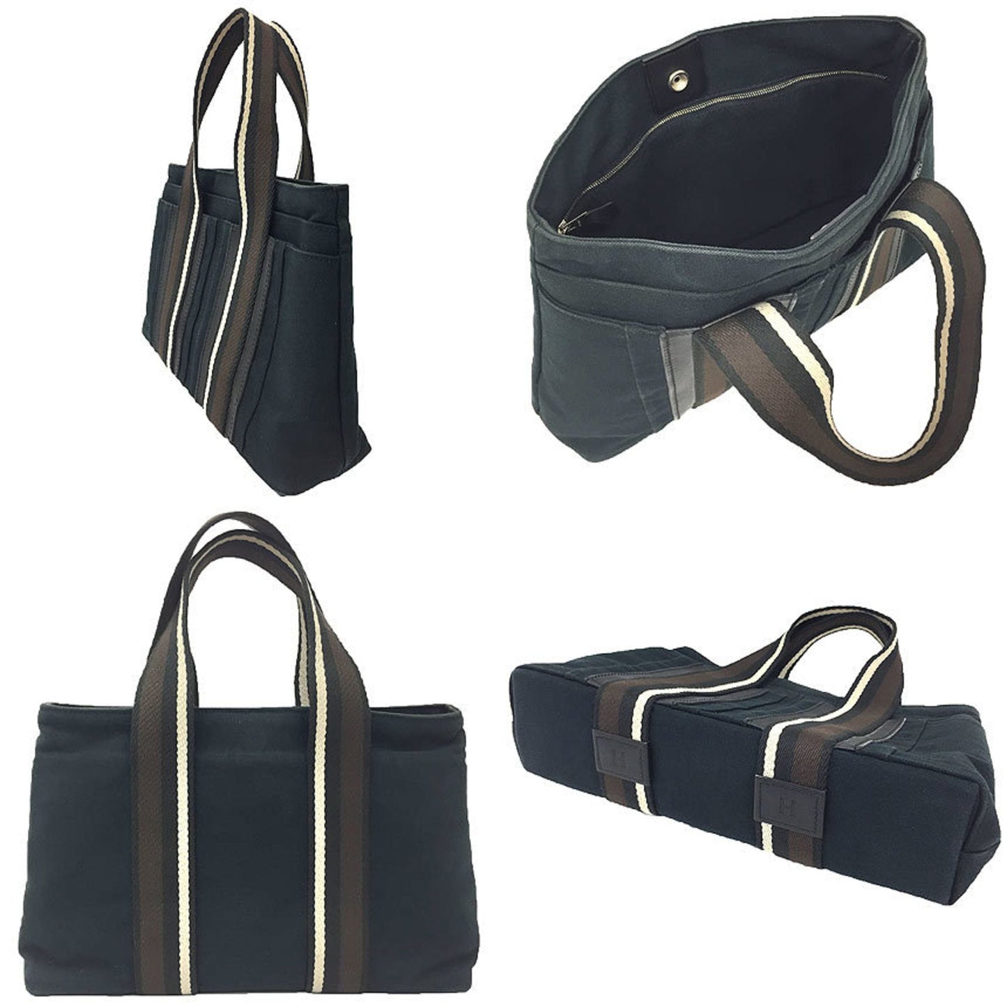 Hermes Black Canvas Leather Tote Bag ( )