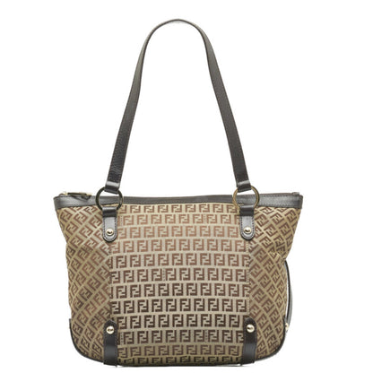 FENDI Zucchino Handbag Tote Bag 8BH196 Beige Brown Canvas Leather Women's