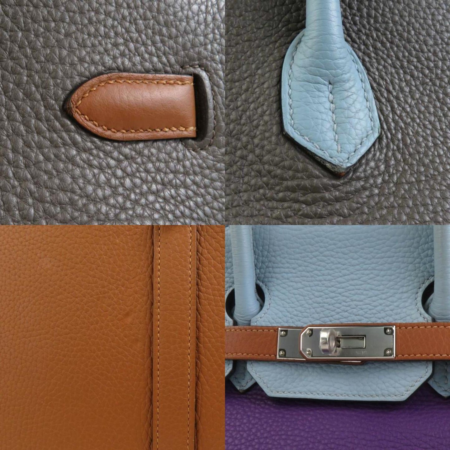 Hermes Blue Obscurs Etain Etoupe Gray Ultra Violet Taurillon Clemence Leather Handbag ( )