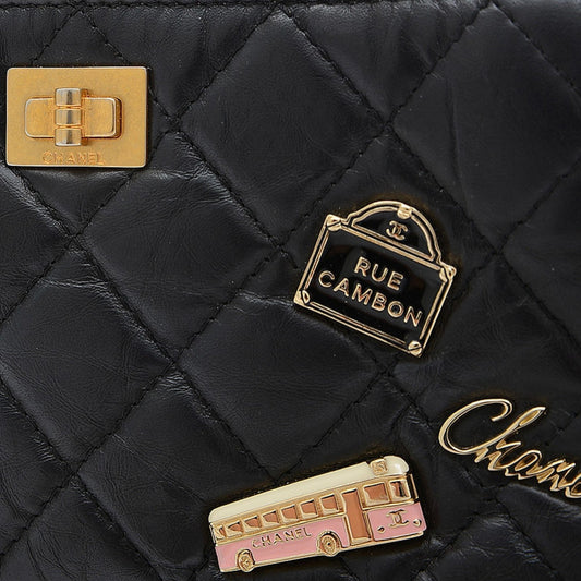 Chanel 2.55 Embroidered Chain Clutch Shoulder Bag Leather Black