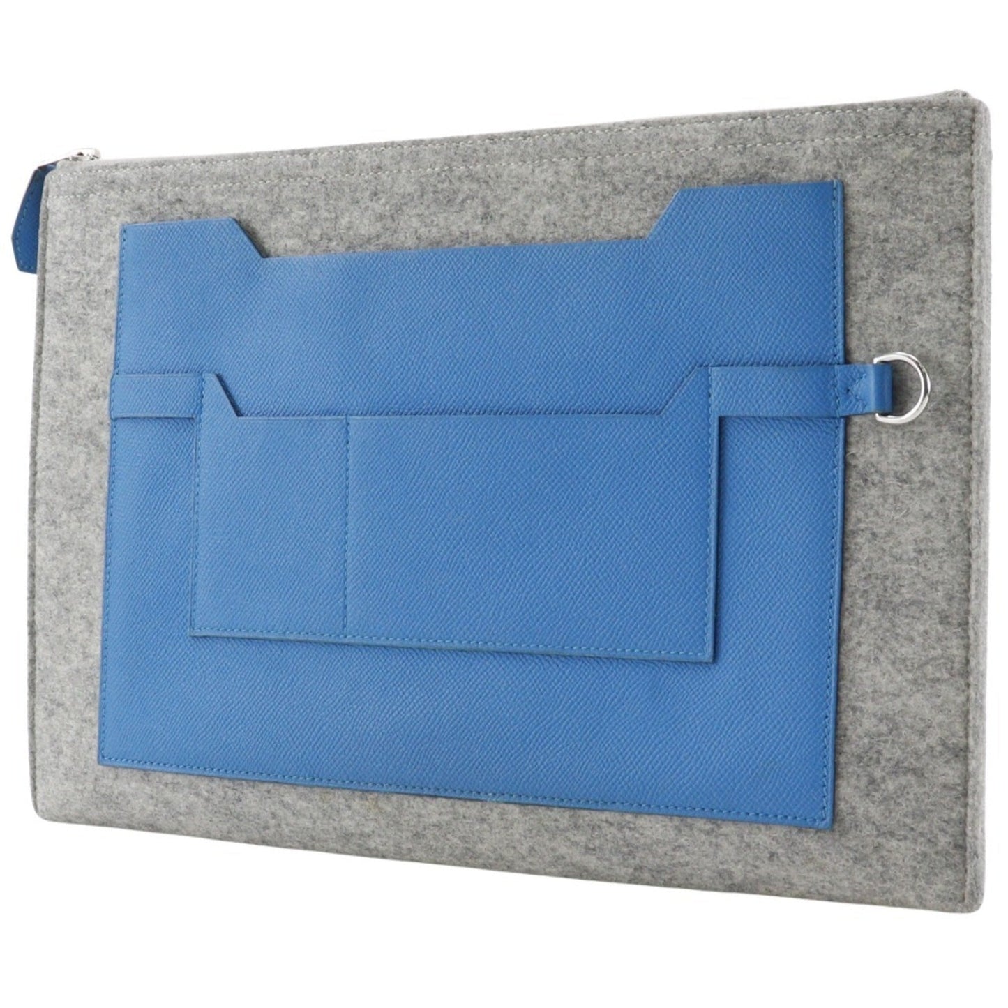 Hermes Blue Gray Felt Epsom Leather Clutch Bag ( )