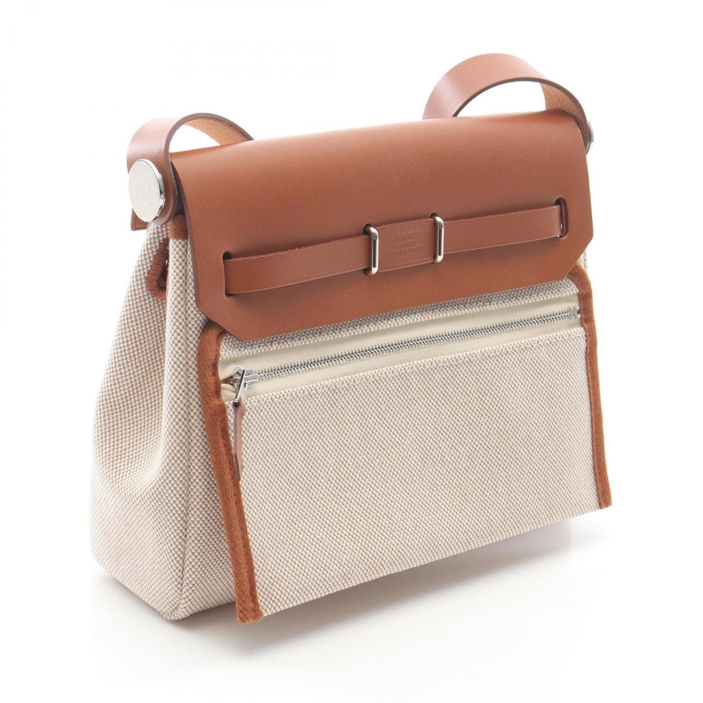 Hermes Beige Brown Ecru Toile H Vache Leather Shoulder Bag ( )