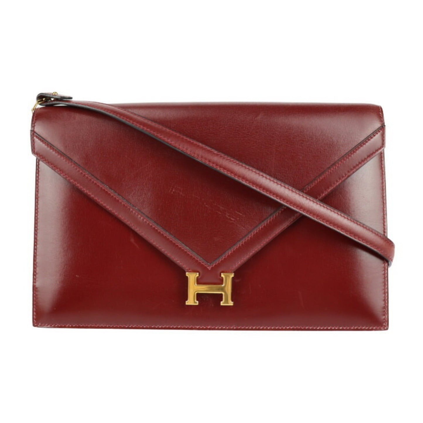 Hermes Bordeaux Rouge H Box Calf Leather Clutch Bag Handbag ( )