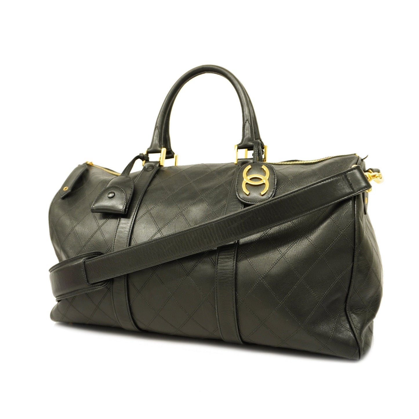 CHANEL   Bicolor Boston Bag Women,Men,Unisex Leather Boston Bag Black