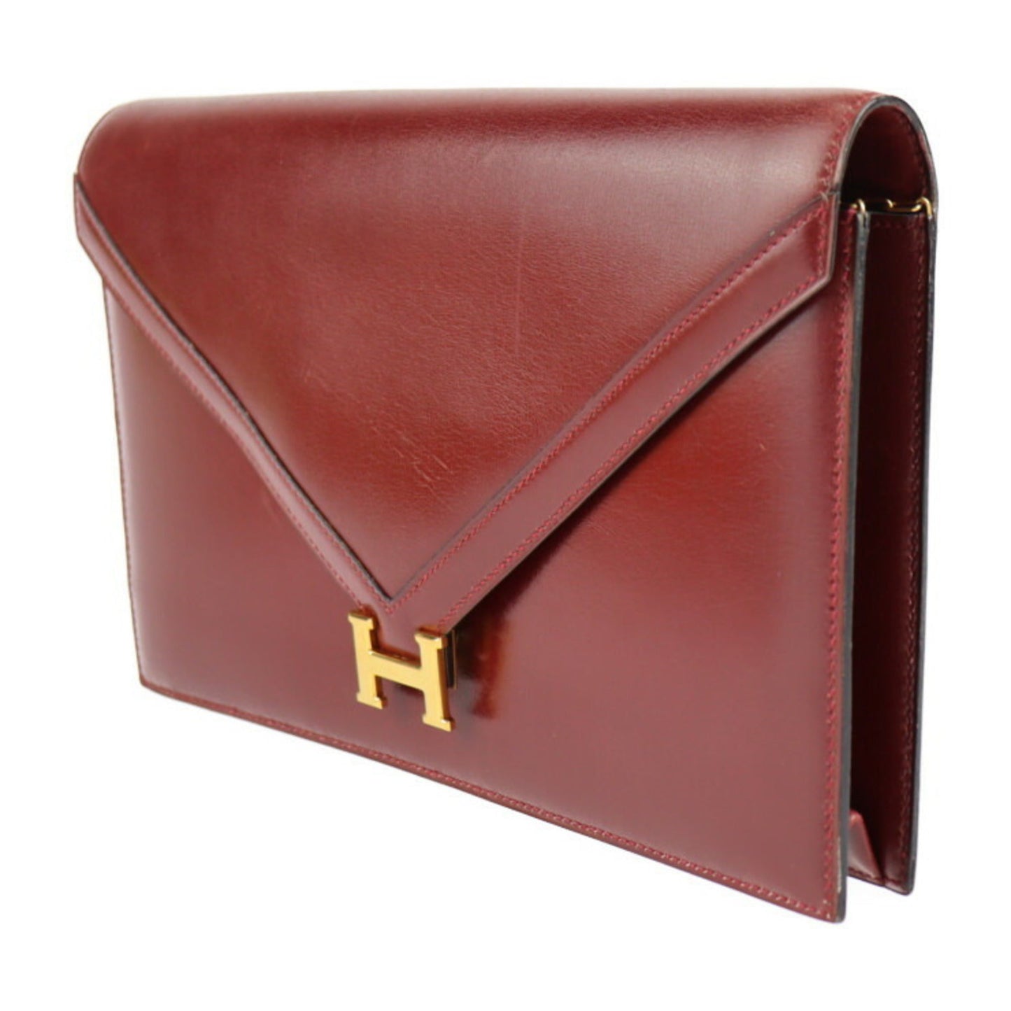 Hermes Bordeaux Rouge H Box Calf Leather Clutch Bag Handbag ( )