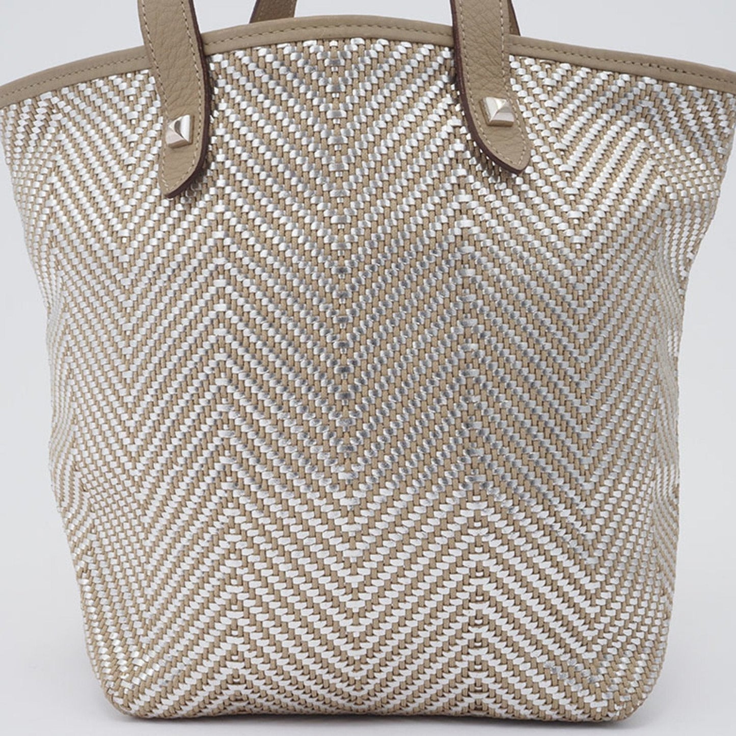 Hermes Beige Silver Polyester Leather Handbag Tote Bag ( )