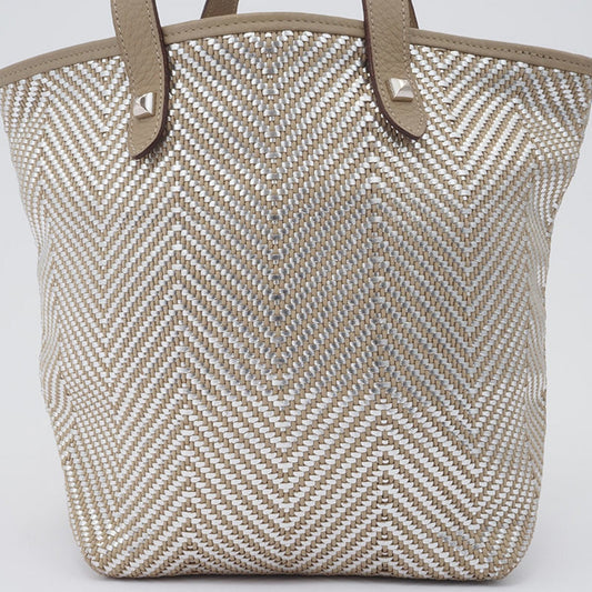 Hermes Beige Silver Polyester Leather Handbag Tote Bag ( )