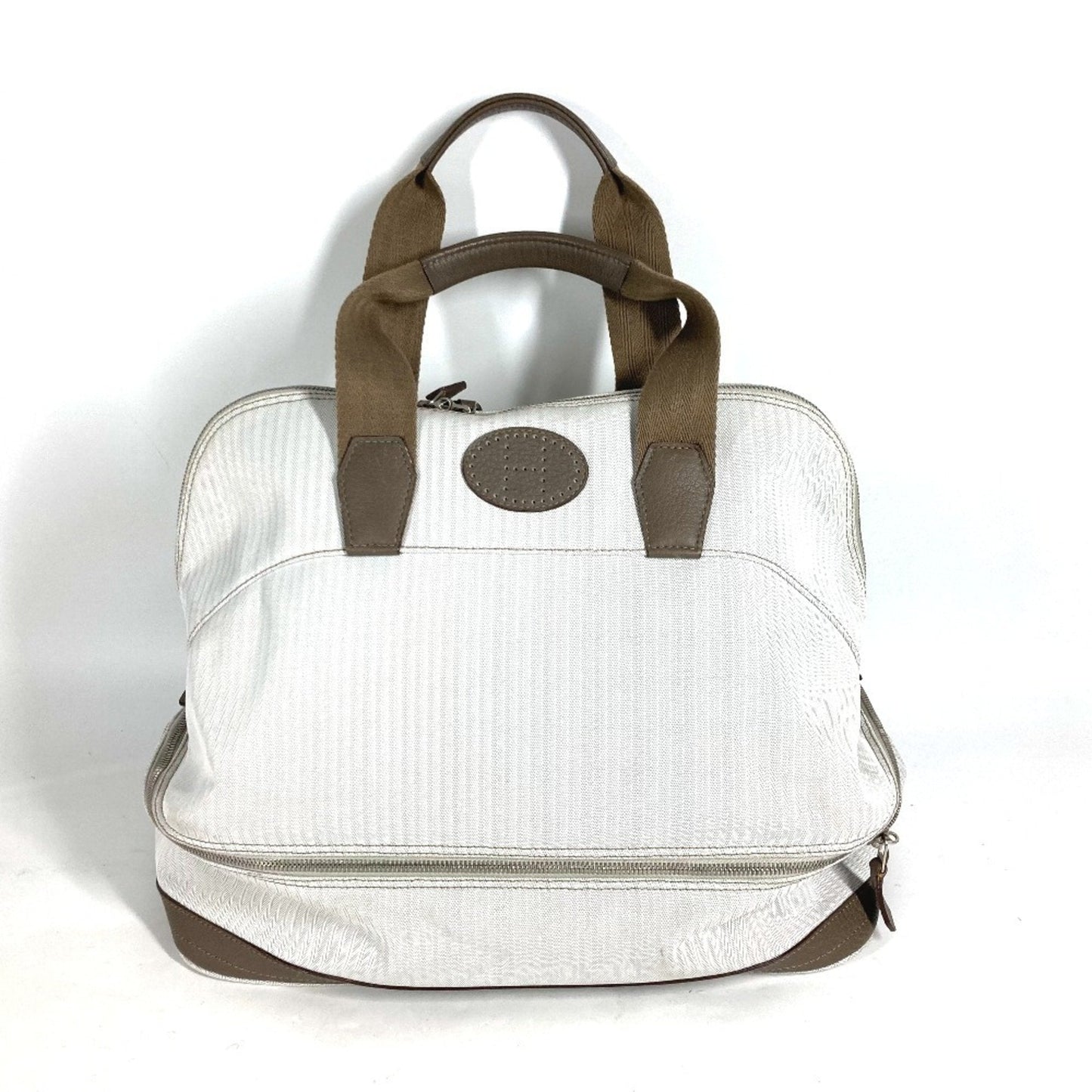 Hermes Beige Etoupe Gray White Toile Chevron Leather Boston Bag Handbag ( )