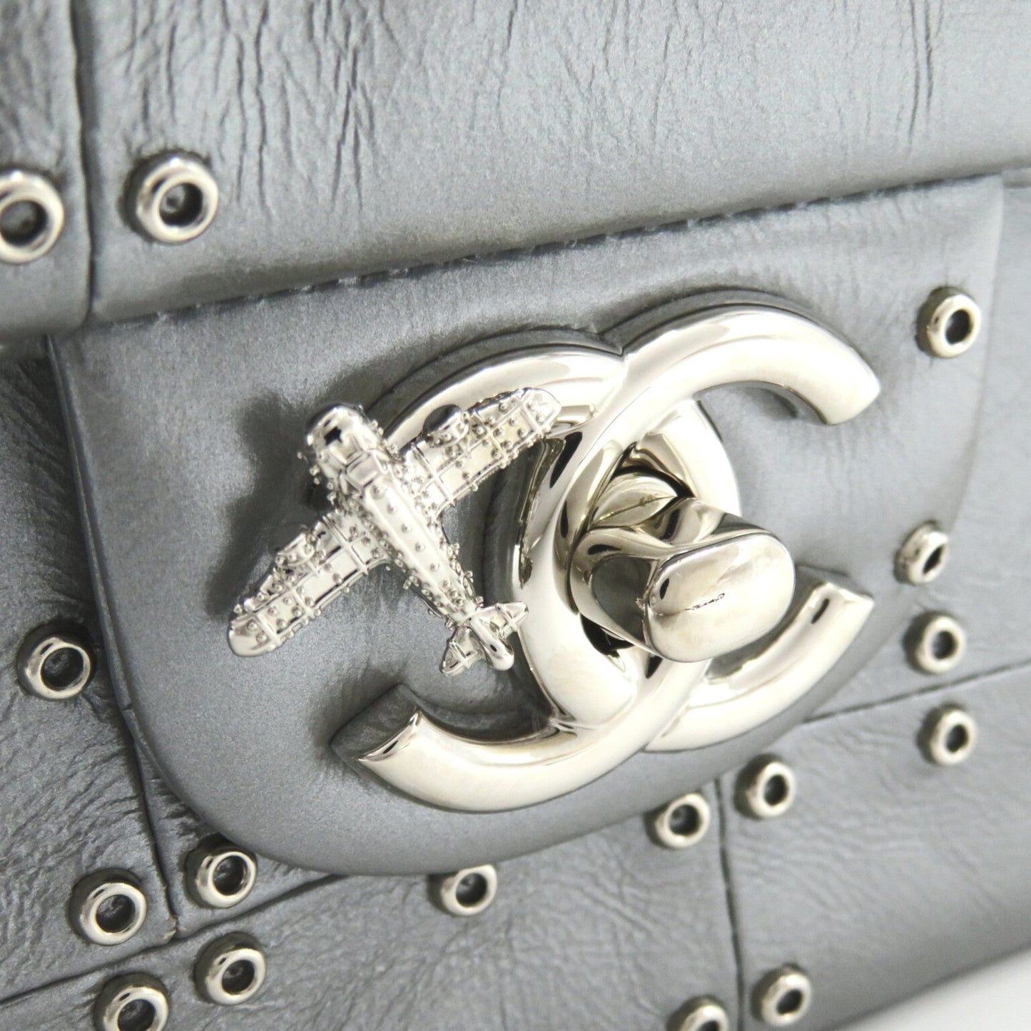 CHANEL Airline W Flap ChainShoulder Silver Calfskin [cowhide]