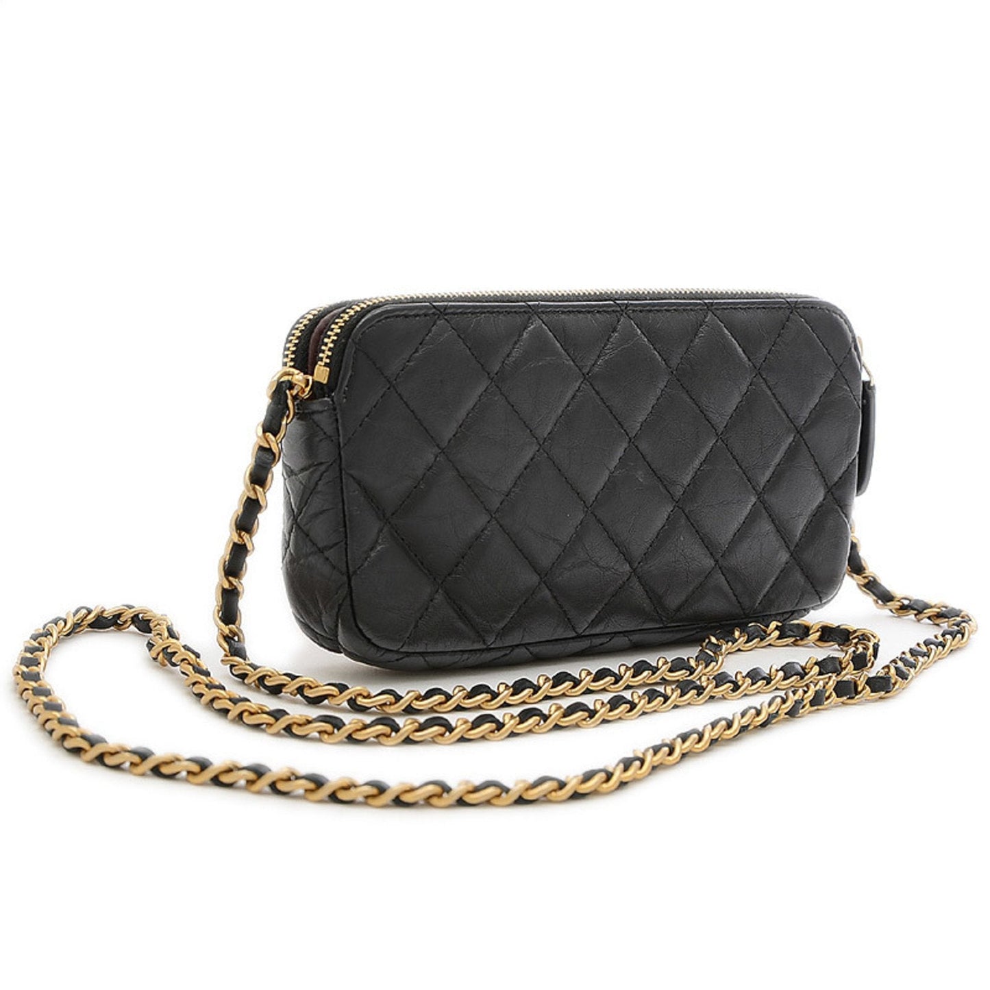 Chanel 2.55 Embroidered Chain Clutch Shoulder Bag Leather Black