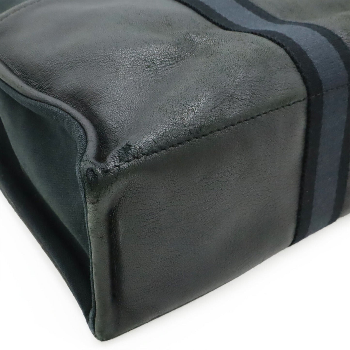 Hermes Black Canvas Leather Handbag Tote Bag ( )