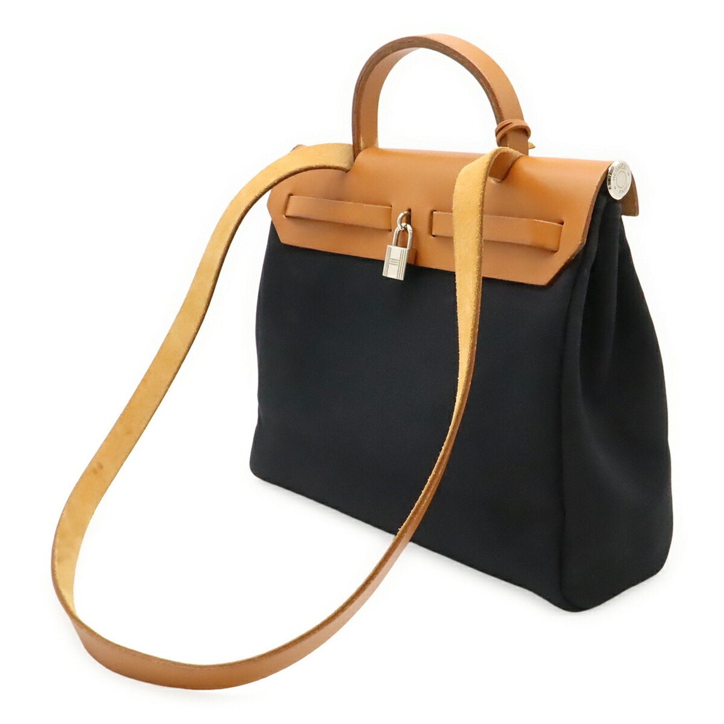 Hermes Black Light Brown Toile Officier Leather Handbag Shoulder Bag ( )