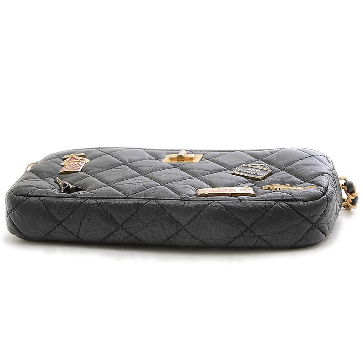 Chanel 2.55 Embroidered Chain Clutch Shoulder Bag Leather Black