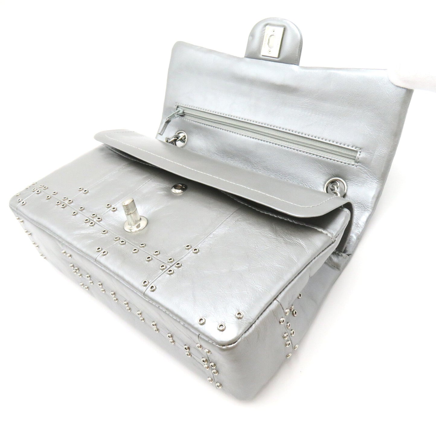 CHANEL Airline W Flap ChainShoulder Silver Calfskin [cowhide]