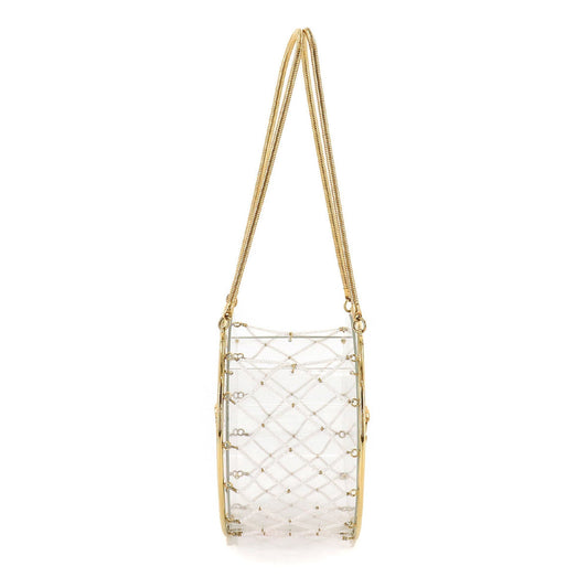 Chanel beads hand bag clear white gold metal fittings here mark