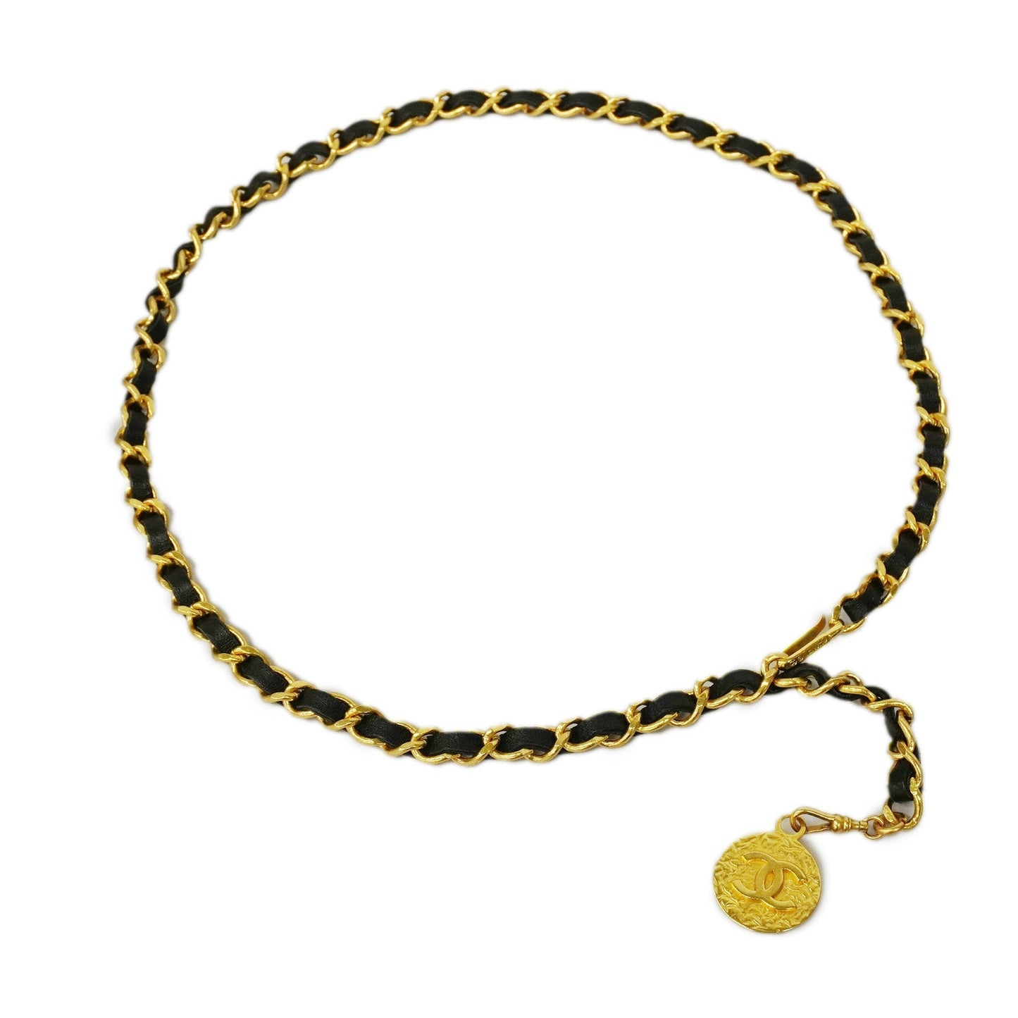 CHANEL  Belt Gold Metal Women's Leather Chain Belt Black