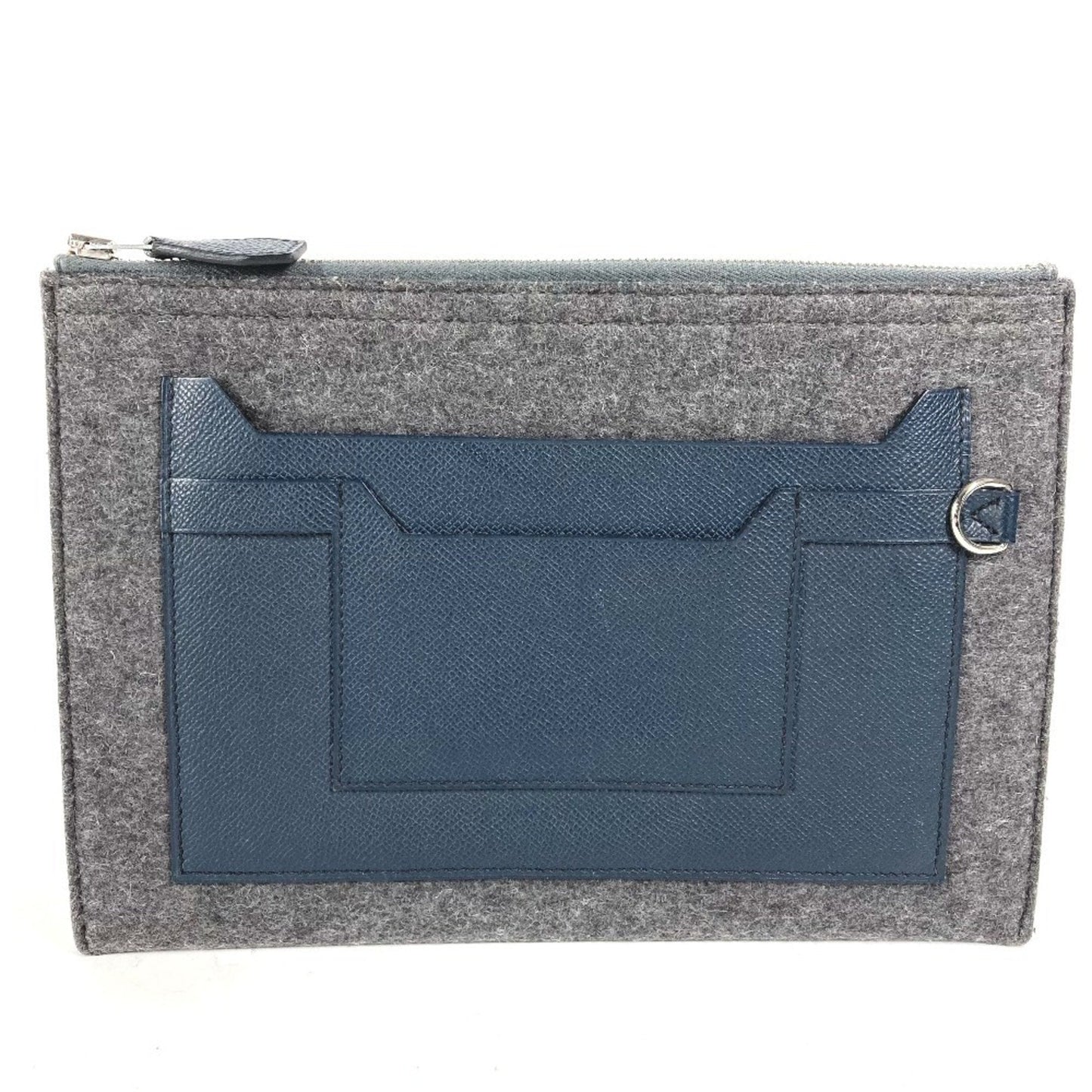 Hermes Bicolor Gray Navy Felt Leather Clutch Bag Pouch ( )