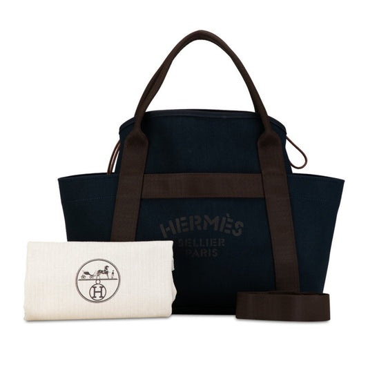 Hermes Brown Navy Canvas Shoulder Bag Tote Bag ( )