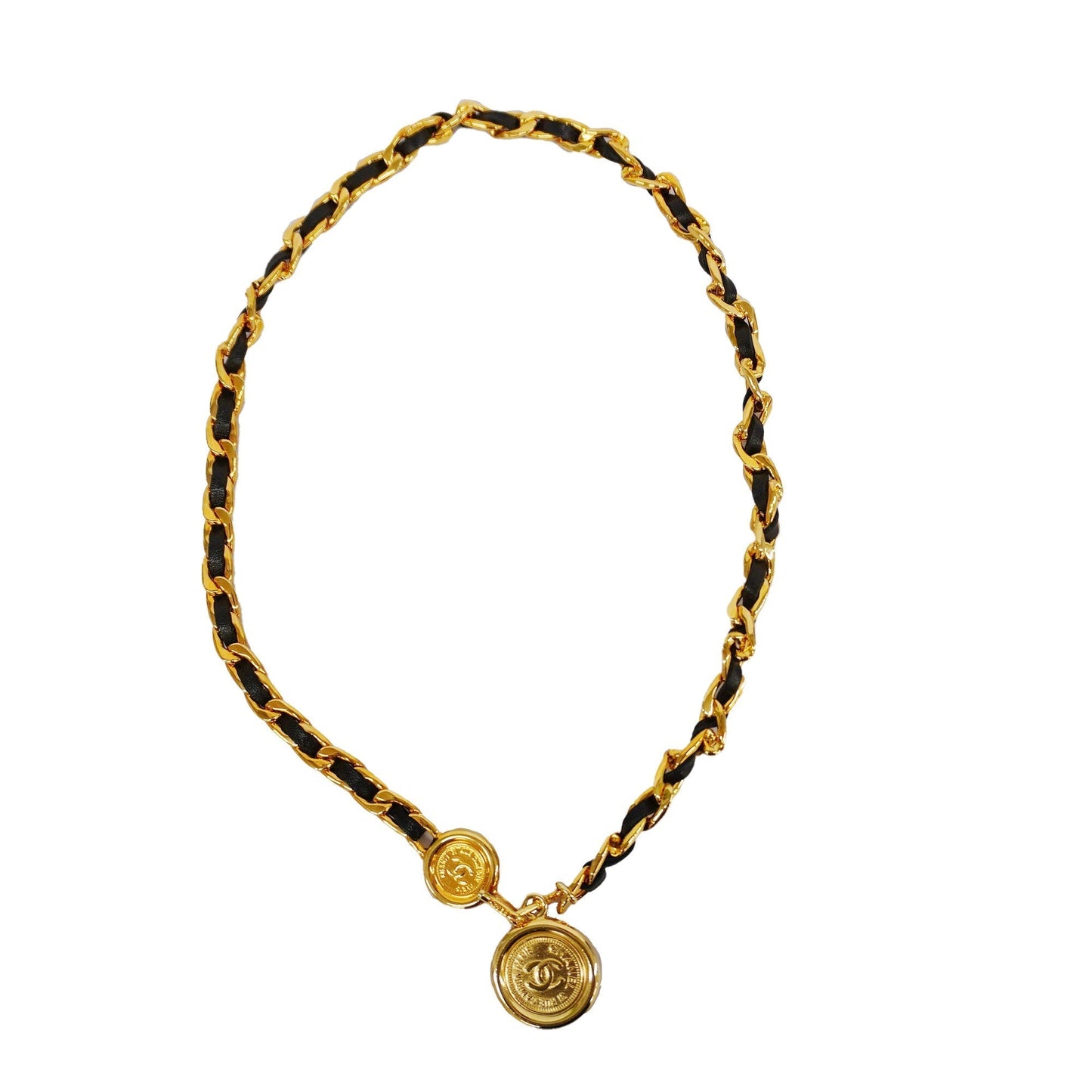 CHANEL  Belt Gold Metal Women's Leather Chain Belt Black