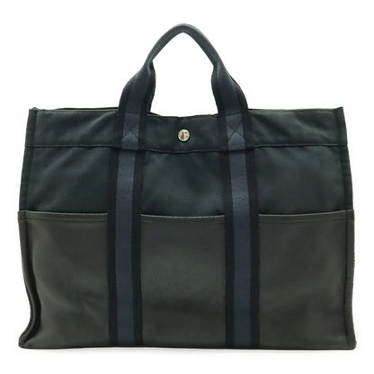Hermes Black Canvas Leather Handbag Tote Bag ( )