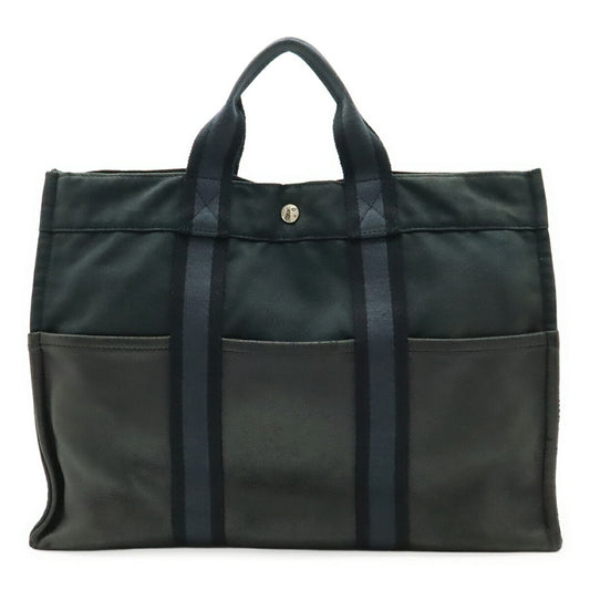Hermes Black Canvas Leather Handbag Tote Bag ( )