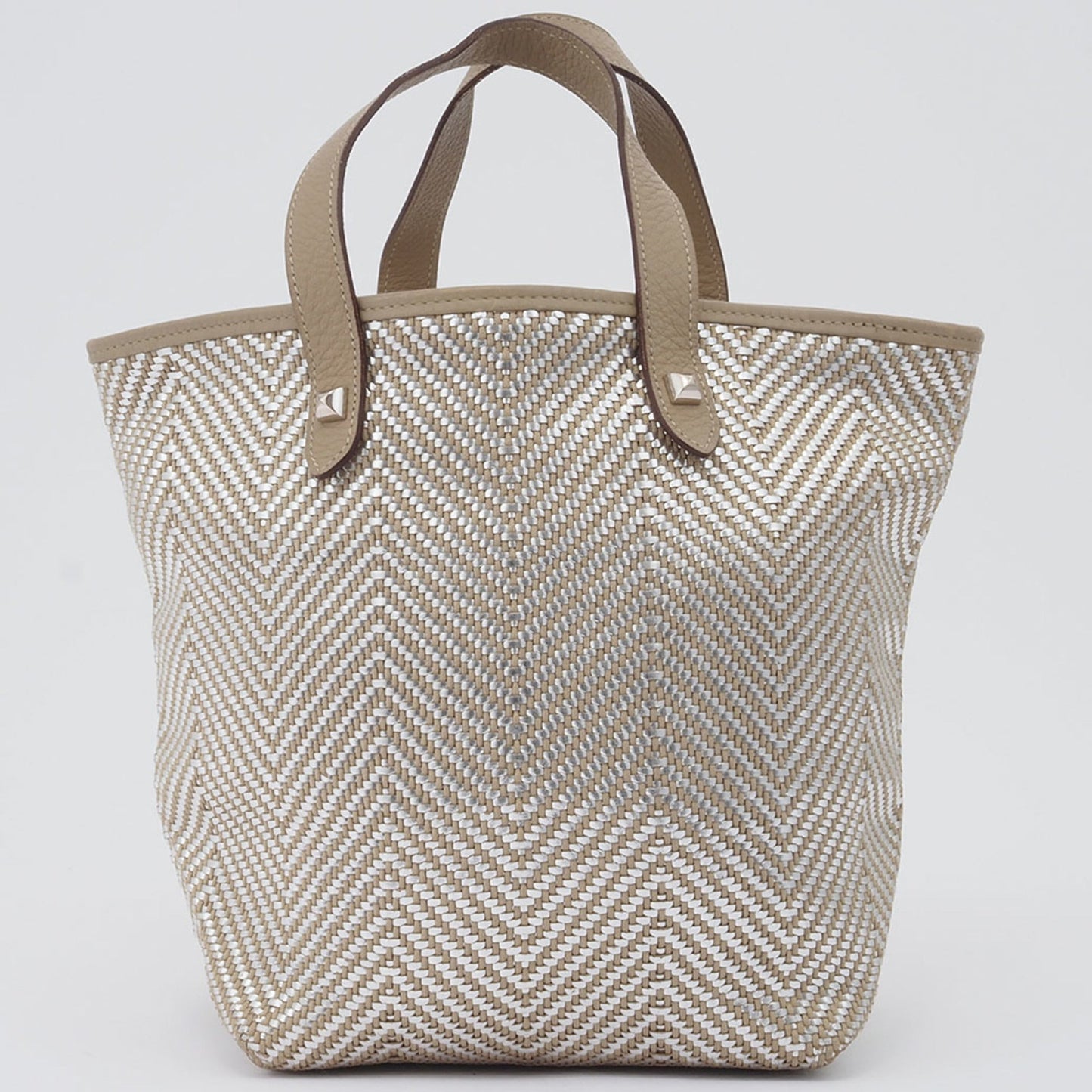 Hermes Beige Silver Polyester Leather Handbag Tote Bag ( )
